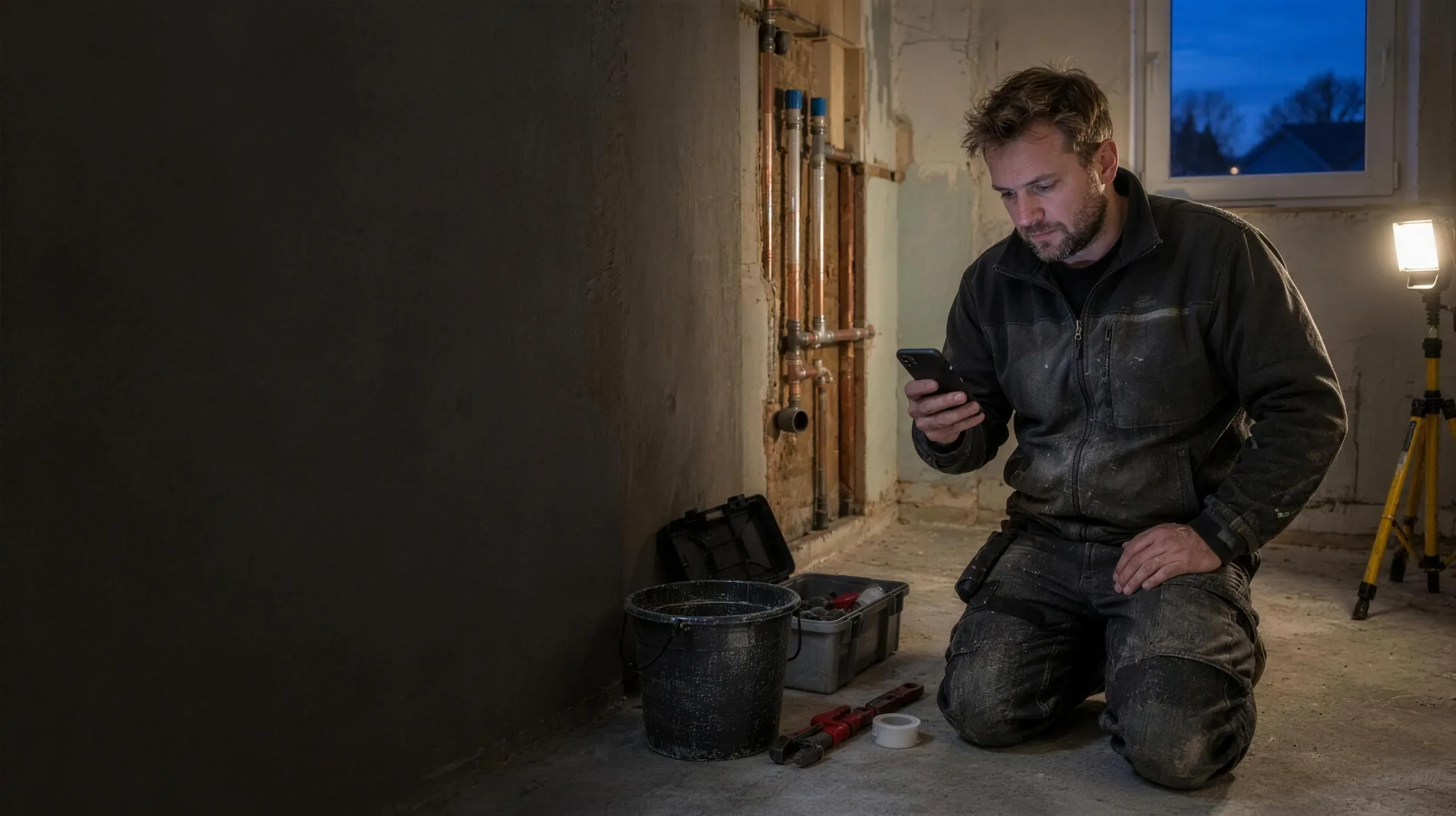Rørlegger på kne i et bad under oppussing. Det er kveld, og han ser ned på mobilen.